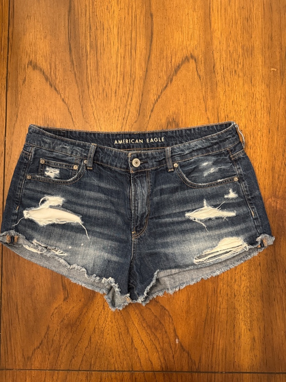 American Eagle Tomgirl Shortie Distressed Dark Blue Denim Jean Shorts